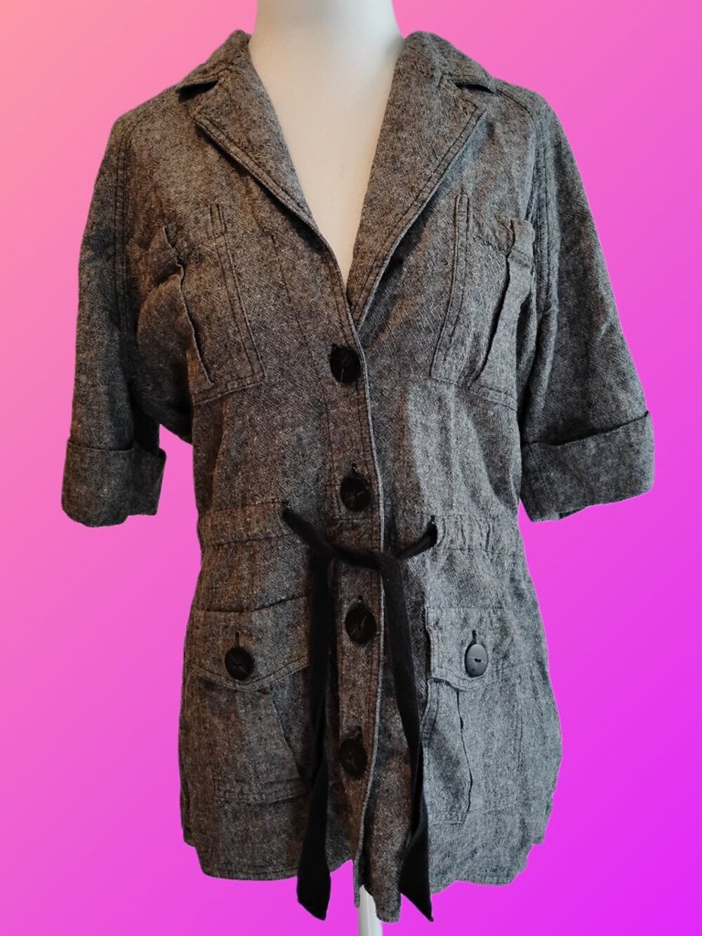 Women's Grey Safari Style Button Up Half Sleeve Top S
